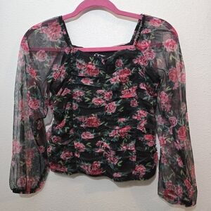 Art Class Girls Blouse Sheer Sleeve Floral 10/12